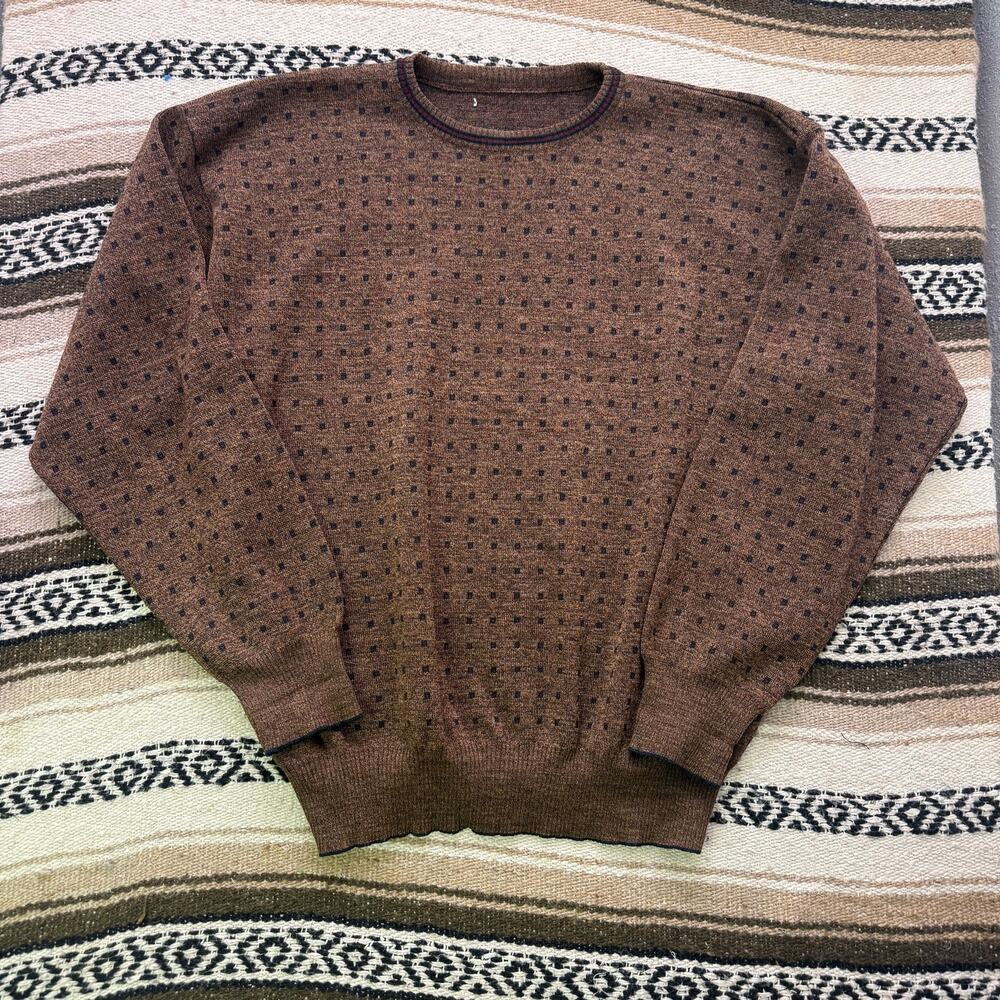 Men's Vintage 80's Brown Red Green Dot Crewneck Knit Pullover Sweater Sz Large